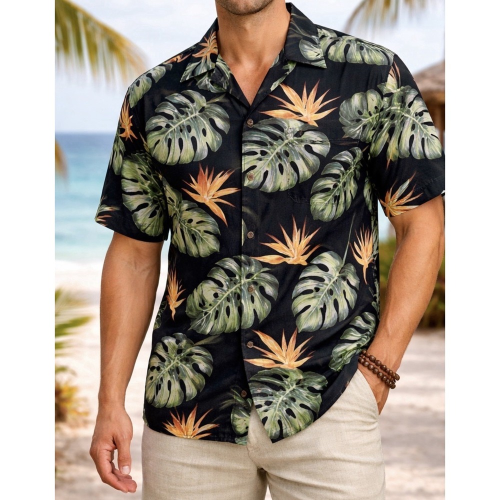 Tommy Bahama Mens Hawaiian Camp Shirt L 100% Silk Black Tropical Print Luau